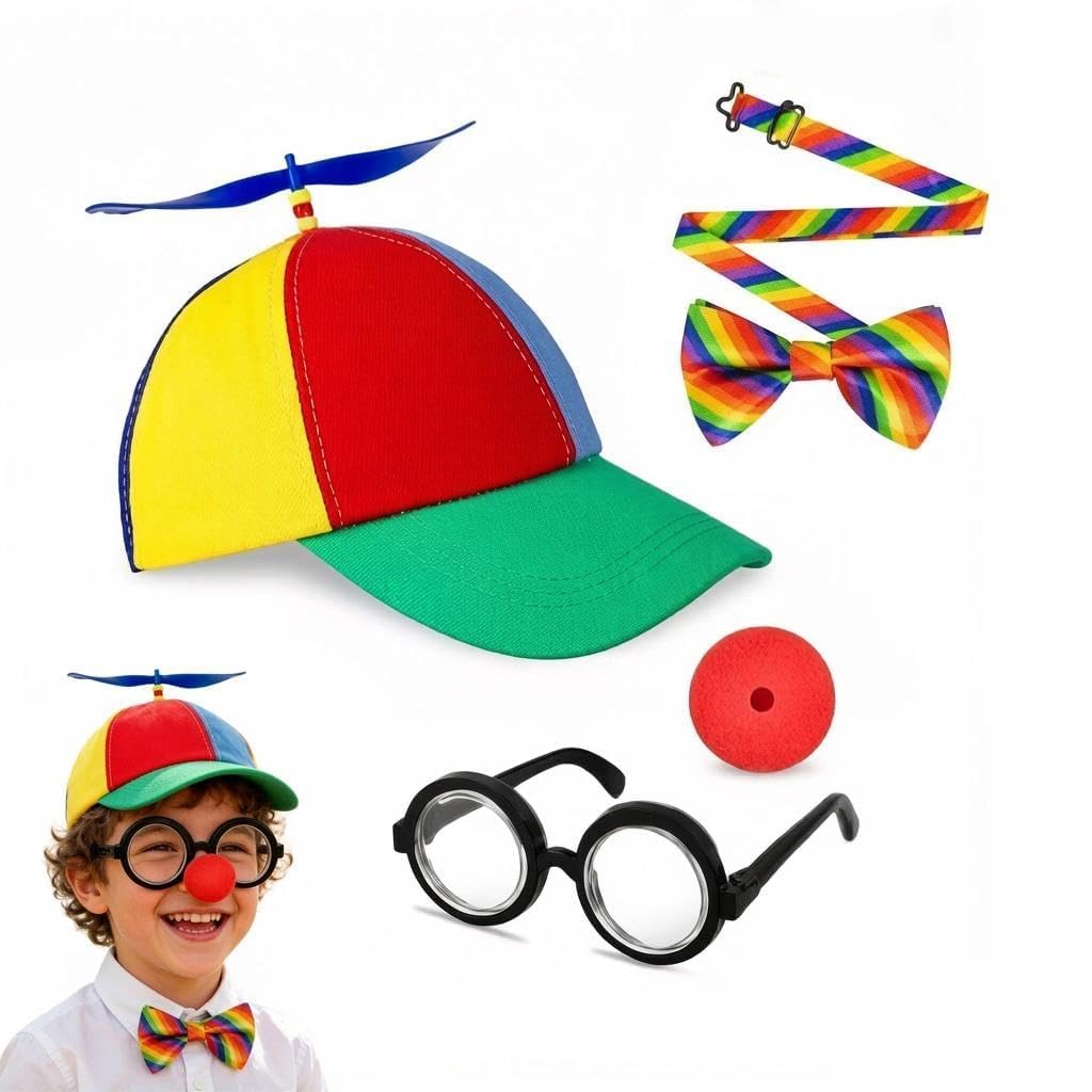 AYZDJ 4 Pcs Cute All-Season Fashion Color-Block Bamboo Dragonfly Baseball Cap Set with Propeller, Colorful Bow Tie Red Nose Glasses, Unisex for Cosplay Party Dress Up, Outdoor Beach Sun Hat.