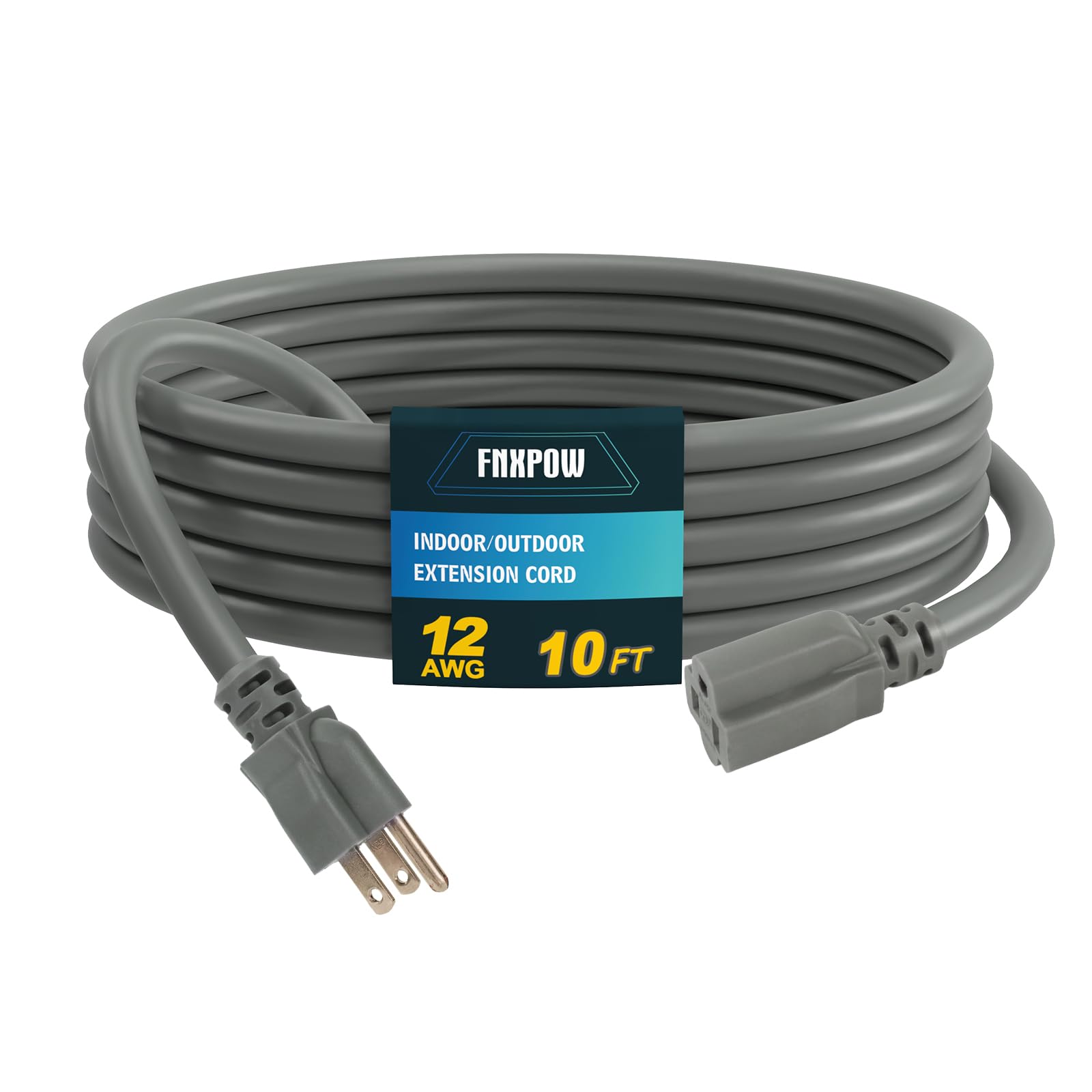 Cable de extensión para exteriores de 10 pies, 12/3 SJTW, cable de extensión gris resistente con enchufe de tierra de 3 clavijas, cable de alimentación para césped, jardín, electrodomésticos