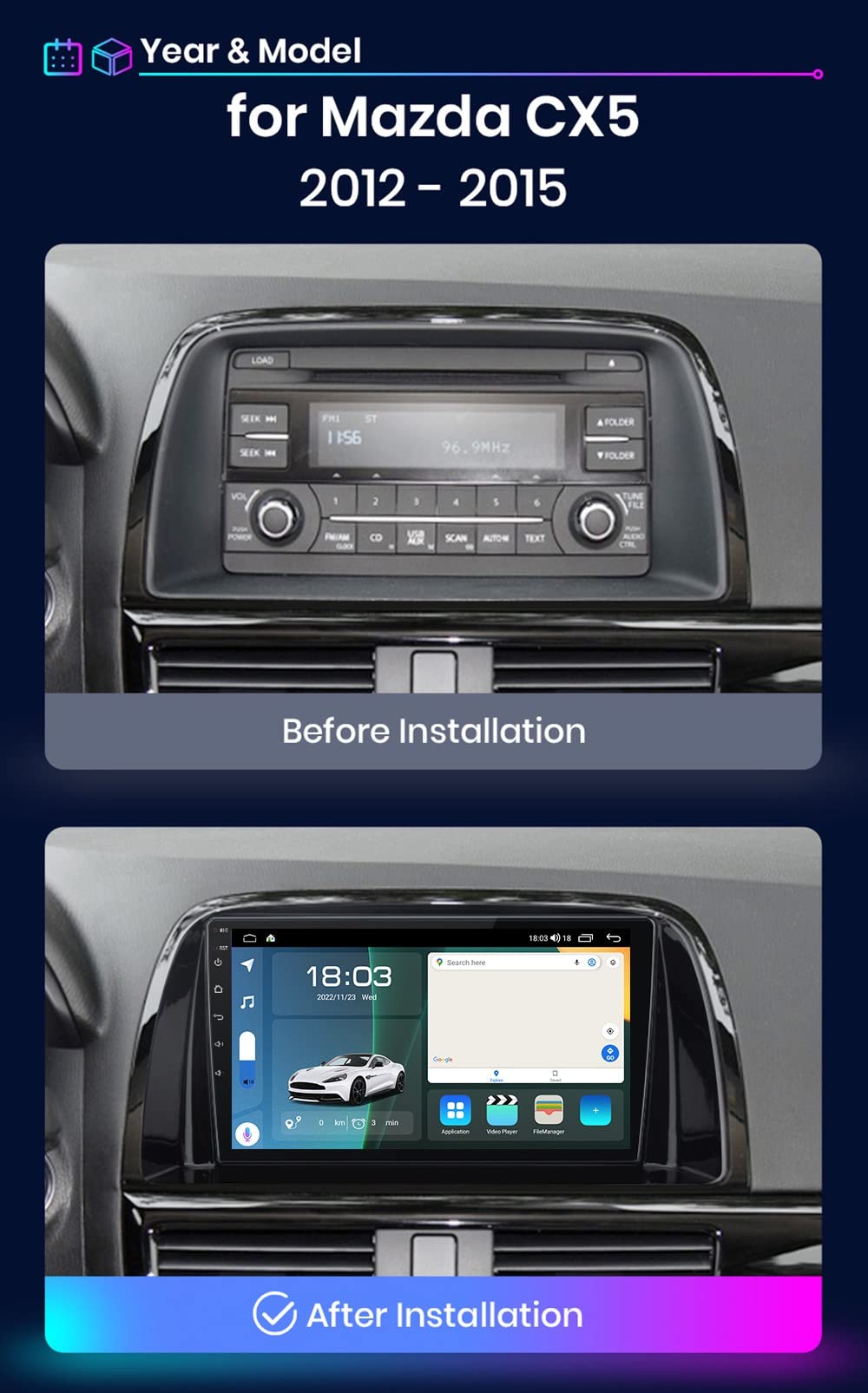 Autoradio stéréo 2 Din à écran tactile de 9 pouces Android 11 pour Mazda CX5 CX-5 2012-2015 Navigation de voiture Récepteur audio de voiture intégré au tableau de bord Prise en charge CarPla