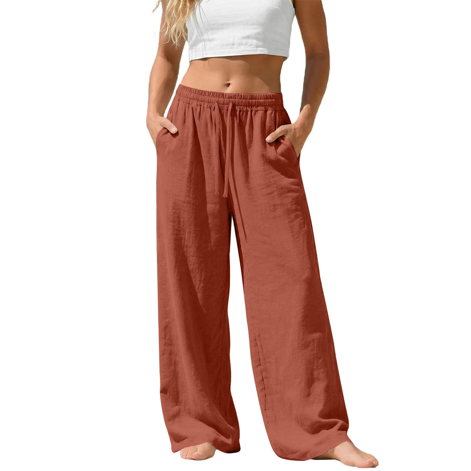 Linen Pants Women Summer Baggy Wide Leg Flowy Pants Drawstring High Waistes Slacks Loose Comfy Beach Travel Trousers — view 8