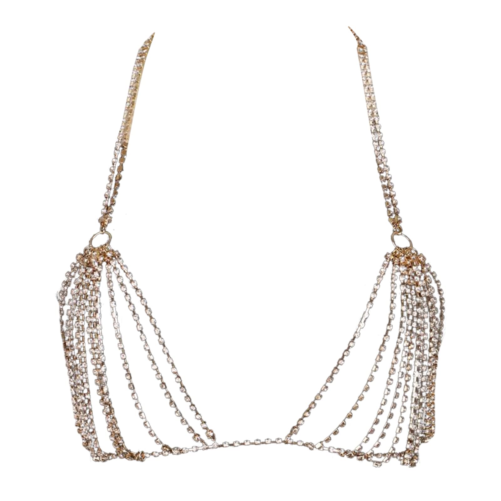 Diogeynu Body Chain Crystal Multilayer Rhinestone-Backless Halter-Crop Top Adjustable-Harness-Bikini Chest Chain Nightclub