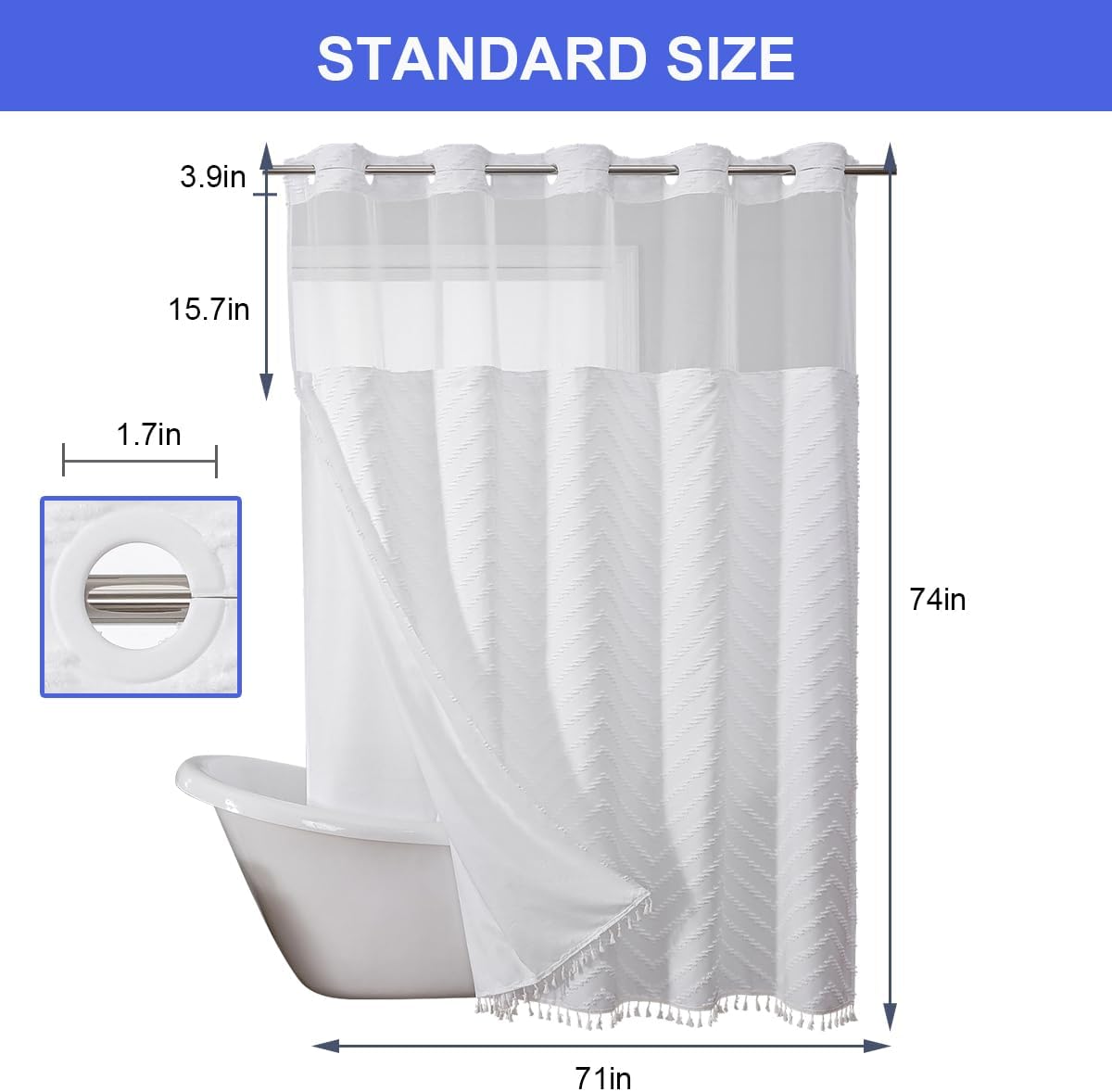 No Hook Shower Curtain Liner Set, Snap in Hookless Shower Curtain with Tassels, Ringless Chevron Tufted Fabric Boho Bathroom Curtains, Mesh Top Window Hotel Style Bath Curtains 74" x 71", White