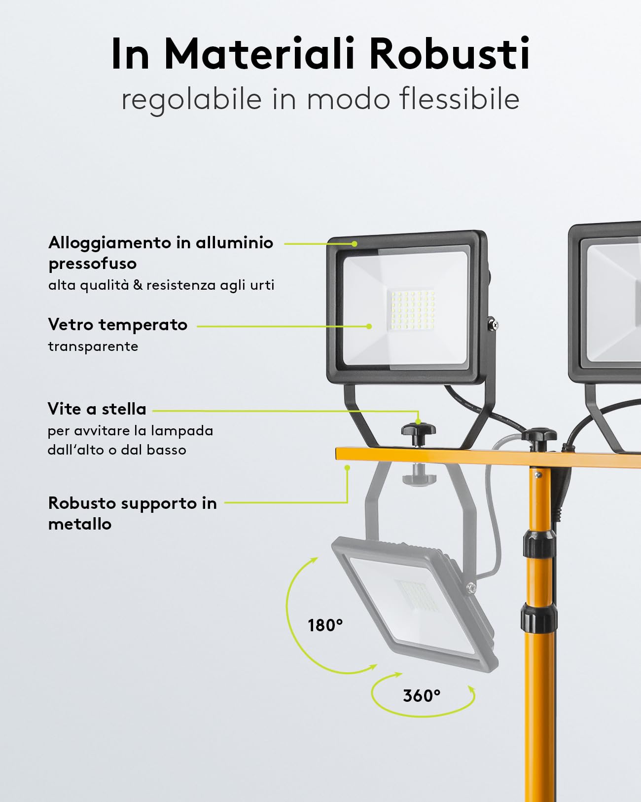 goobay 49984 Faretto LED da Cantiere telescopico, Doppia Testa, per Interni ed Esterni, treppiedi in Metallo, Luce Bianca Fredda, Giallo, 2x 50W