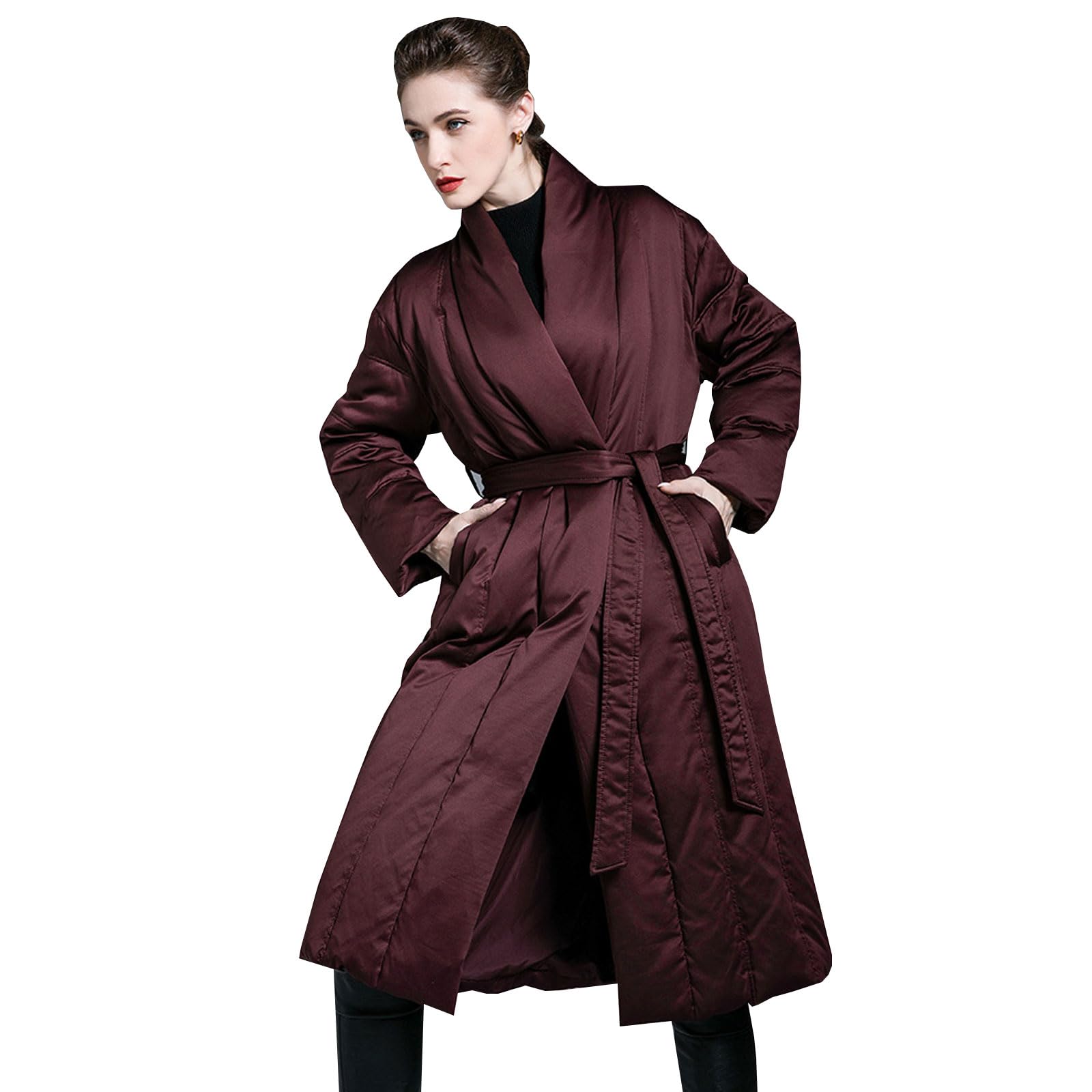 Chaqueta Plumas Down Jacket Mujer Ligera Acolchada Abrigo Largo Holgado con Cinturón Ropa Abrigo Gruesa