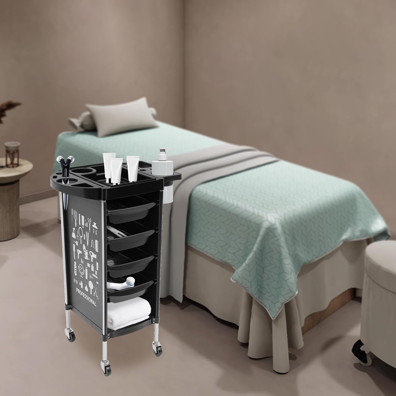 Carrito de salón de peluquería con 4 cajones extensibles, parte superior plegable, material PP de alta calidad, ruedas universales, color negro, capacidad de carga de 30 a 50 kg, para peluquería y