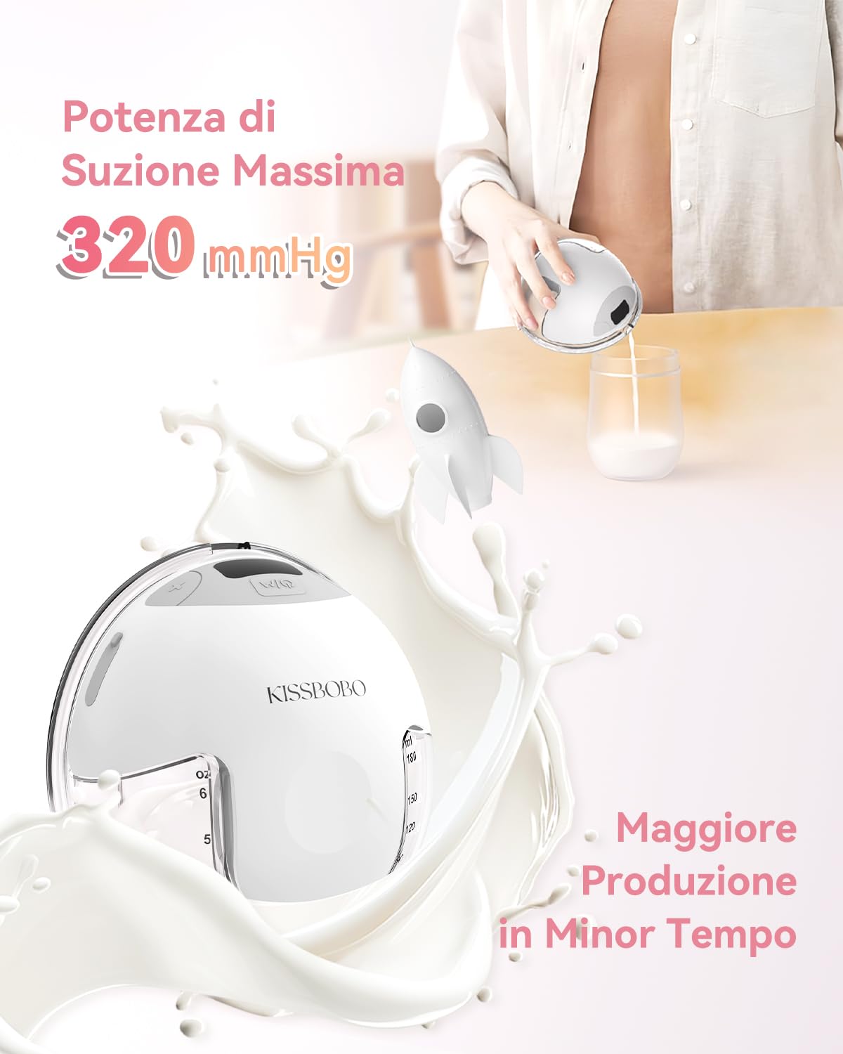 Tiralatte elettrico, 4 modalità e 19 livelli, 320 mmHg, potente aspirazione elettrica a mani libere, pompa per latte elettrica senza dolore, portatile, bianco 1 pezzo