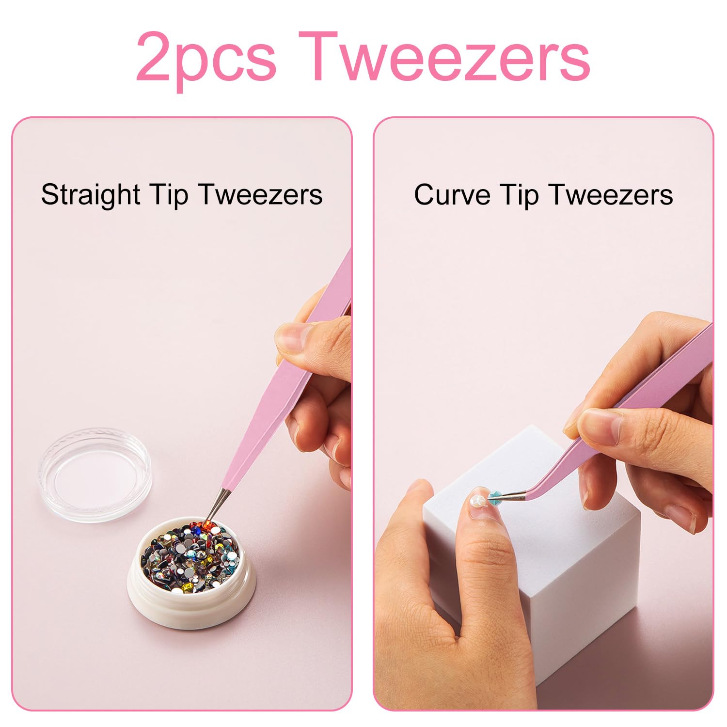 Paquete de 2 Pinzas Puntiagudas Curvas Rectas de Para Extensiones de Pestañas,Pegatinas Para Uñas,Diamantes de Imitación, Recogedores de Pestañas(Rose)