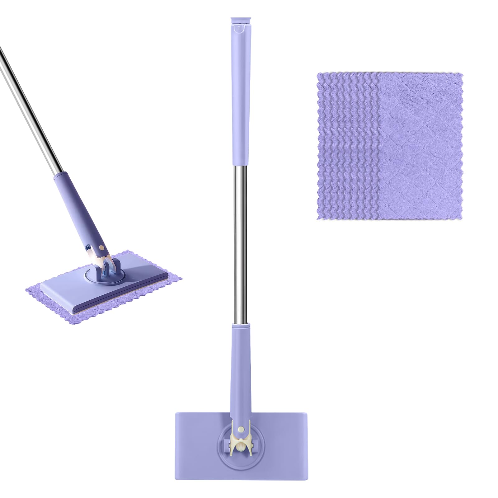 Hocklliy Purple Snap Grip Mini Mop Lazy Mop With 360°Rotating Head & 10 Reusable Cloths Automatic Cloth Changing Wet/Dry For Floor Wall Kitchen Bathroom