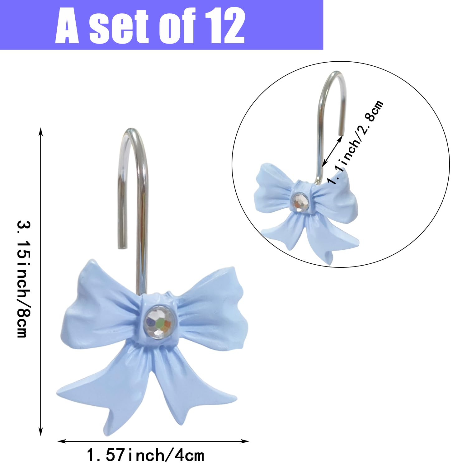 LLYSTTDS Blue Bow Shower Curtain Hooks 12pcs Rust Proof Shower Curtain Hooks Shower Rings for Curtain Cute Shower Curtain Hooks for Bathroom Baby Room Art Decor