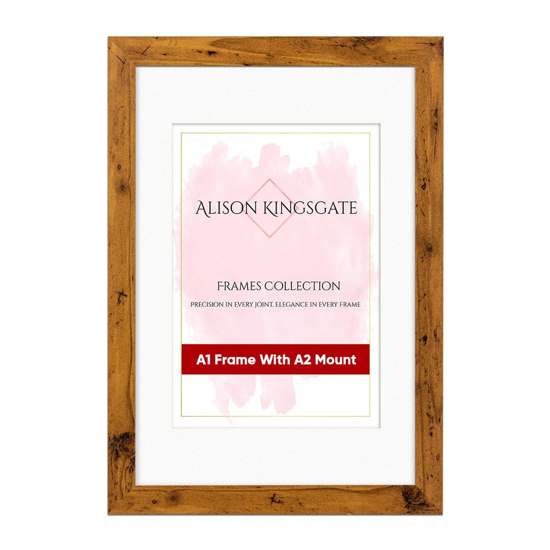 Alison Kingsgate A1 Rustic OakAK Picture Frame with Mount for A2 Photo - Engineered Wood Photo Frame with Precision Cut Cardboard Mount - Ideal for Posters - Sizes & Colours Available