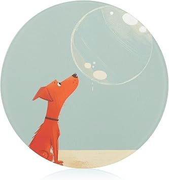 Tempered Glass Red Dog Bubbles Cutting Board Heat Resistant, Round Chopping Board with Non-slip Feet, Fruit Glass Cutting Boards for Kitchen Counter, Small Chopping Boards 8x8 Inch