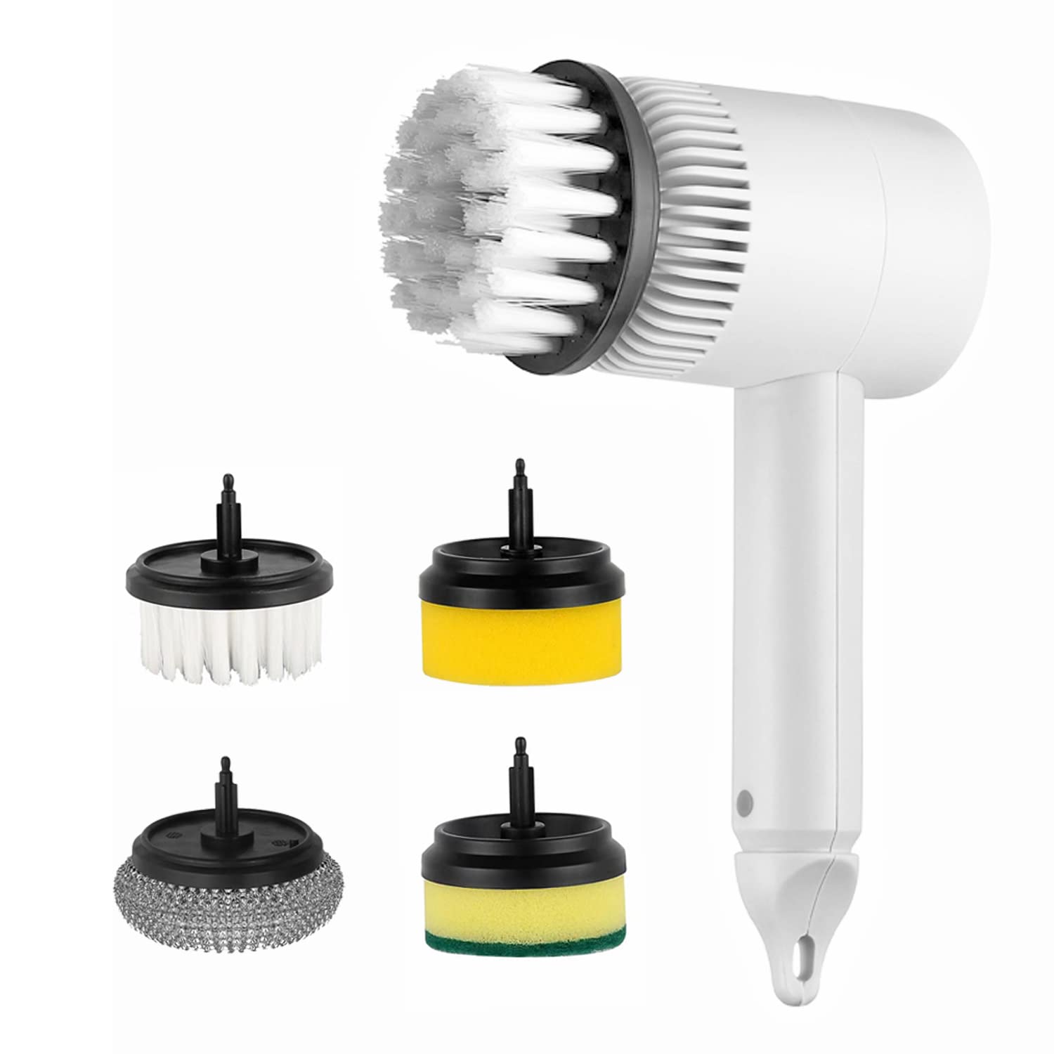 SansentElectric Cleaning Brush, 3 Speed with 4 Replaceable Heads - Sponge, Green Sponge, Nylon Bristle, Wire Ball - for Household, Kitchen, Bathroom, Grill, Dishes