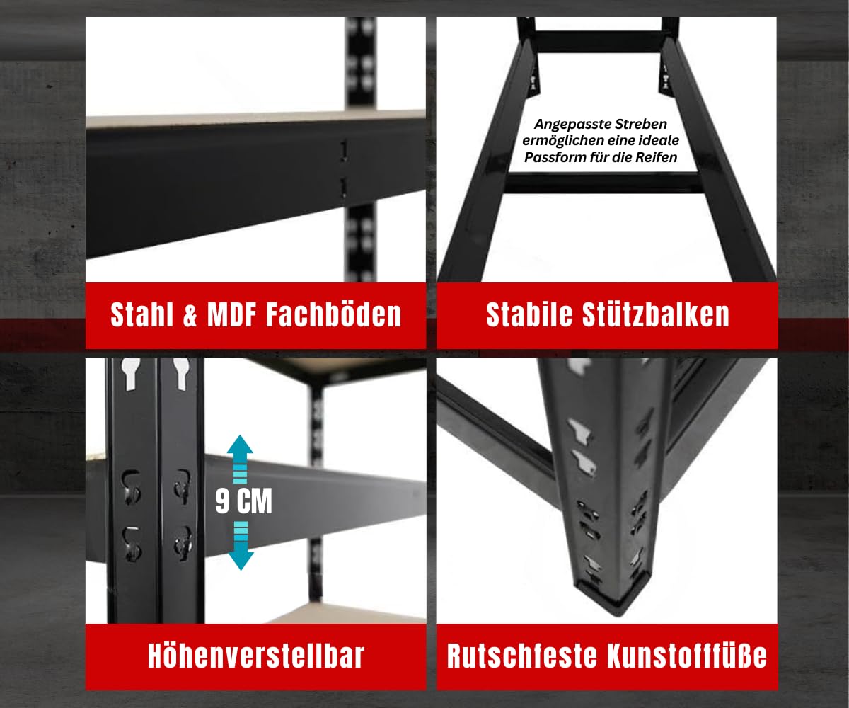 PROREGAL Reifenregal Tiger | HxBxT 180x120x40 cm | bis zu 12 Reifen auf 2 Ebene + 2 Ablagen | Schwarz | Werkstattregal, Lagerregal, Kellerregal