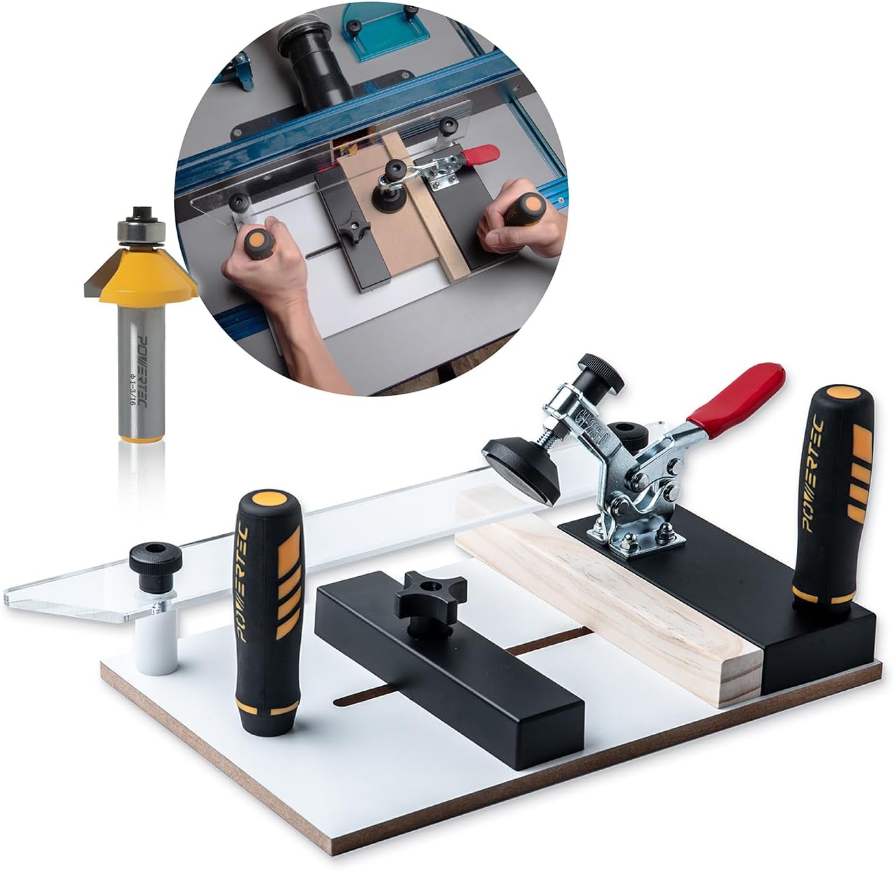 POWERTEC 72256 Rail Coping Sled with 45 Degree Chamfer Router Bit, Precise Cutting Rail and 1/2" Shank Tungsten Carbide Router Bit (1-3/16" Cutting Dia., 1/2" Depth) for Woodworking Tools and Jigs
