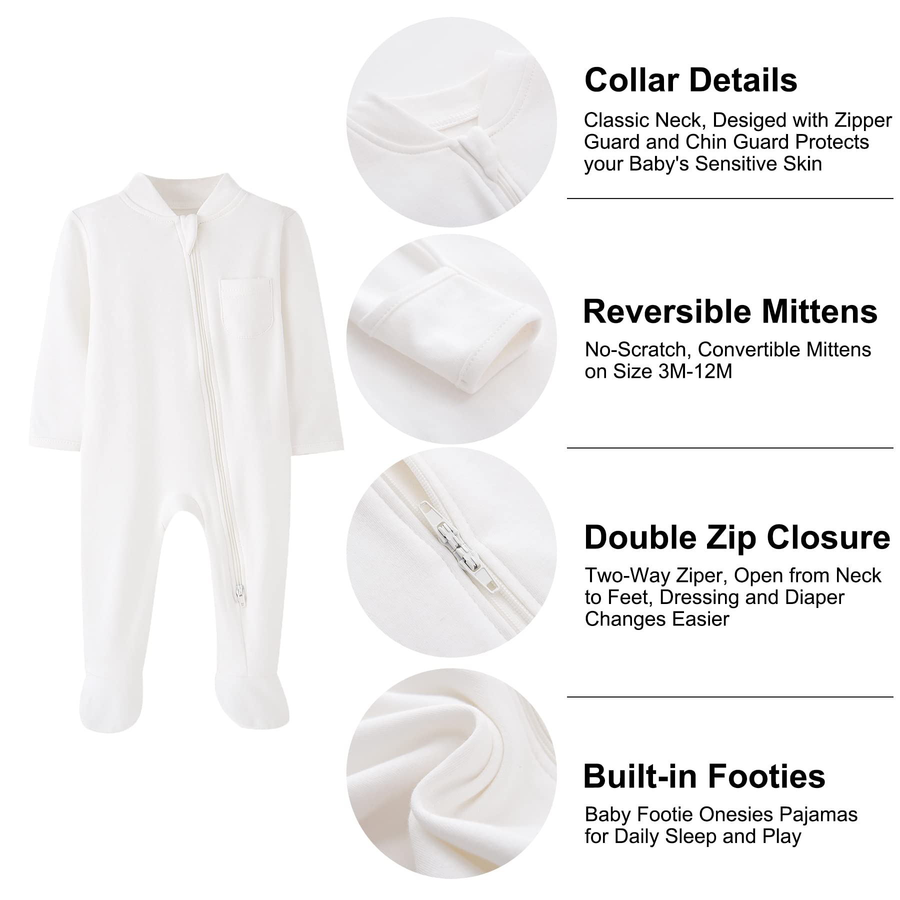BINIDUCKLING Baby Boys Girls Double Zip Up Sleepsuit - Two-Way Zipper, Baby Footed Pajamas with Mitten Cuffs - Cotton Long Sleeve Onesie for Baby Grows Newborn-12 Month, Pack of 2