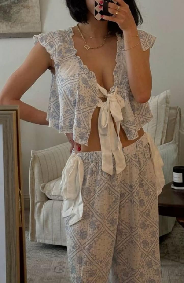 Adoeren Women Y2k 2 Piece Front Tie Pajama Ruched Ruffle Sleeveless V Neck Crop Tops Long Pants Loose Print Sleepwear Sets - Image 2