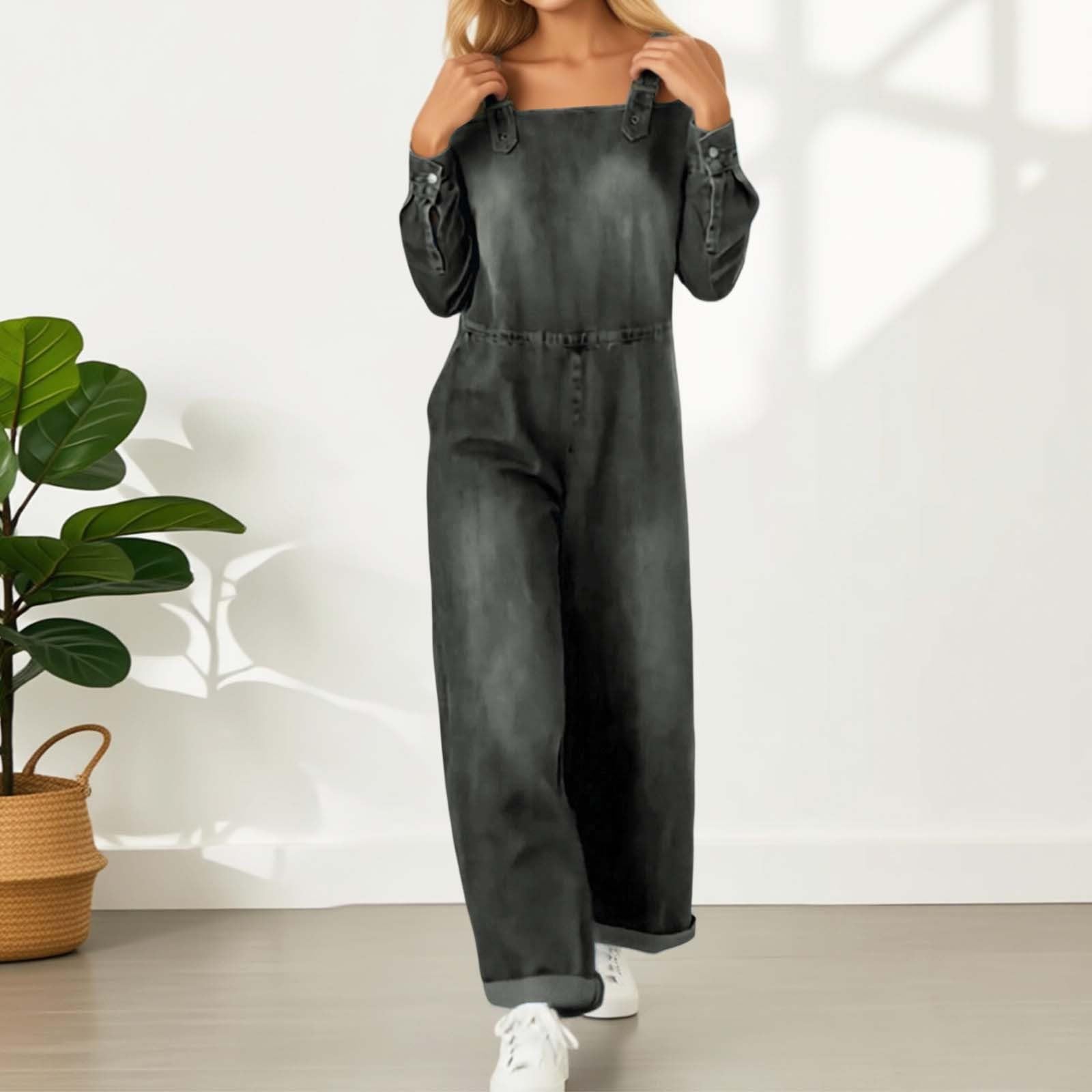 Combinaisons en jean pour femme - Salopette en denim délavé - Manches longues - Épaules dénudées - Combinaison décontractée - Jambes larges - Coupe ample - Body baggy avec poches