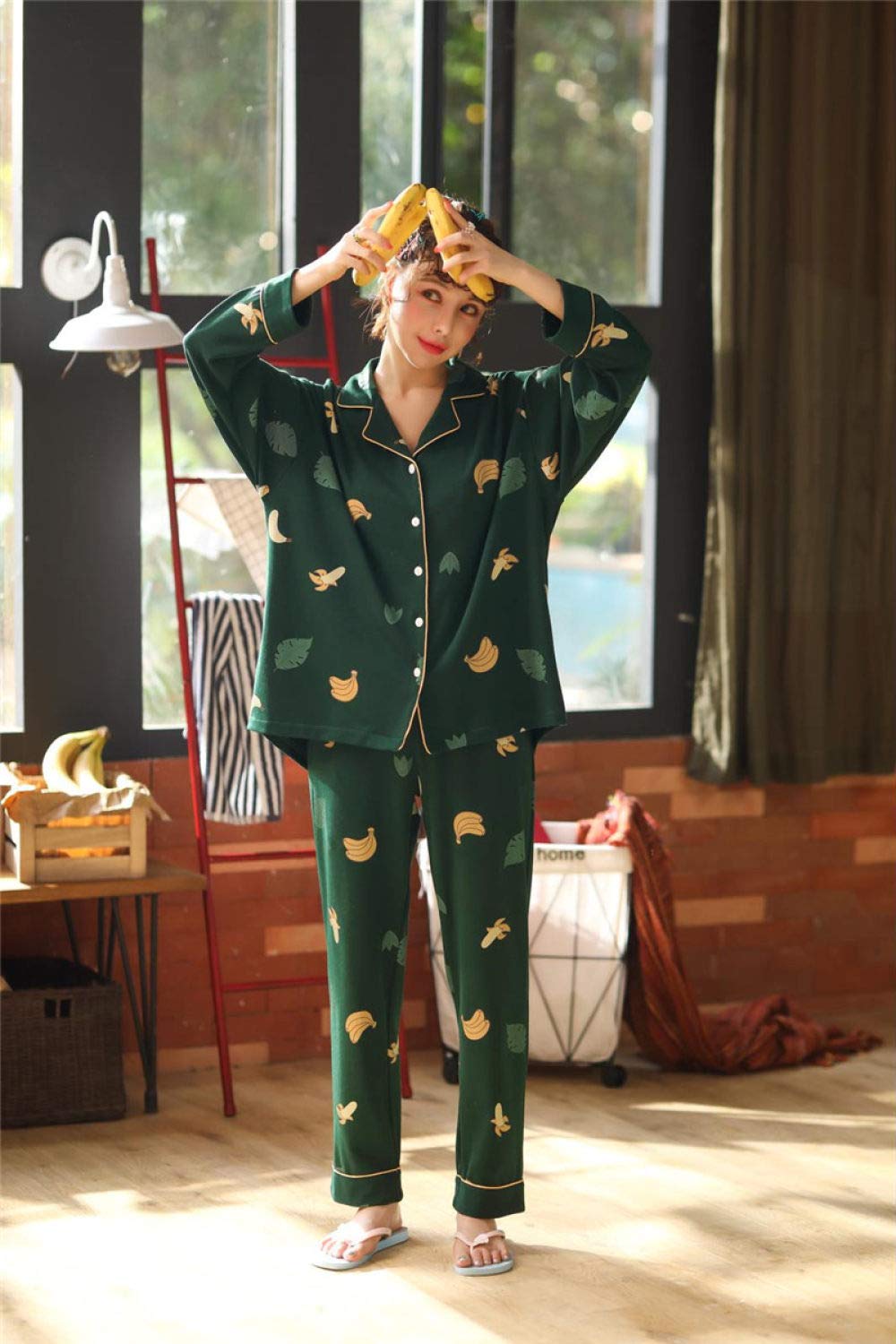 Conjunto De Pijamas De Mujer,Conjunto De Pijamas Con Estampado De Plátano De Dibujos Animados De 2 Piezas Algodón Clásico Con Botones Pjs Top & Bottoms Ladies Ropa De Dormir De Manga Larga Ropa De