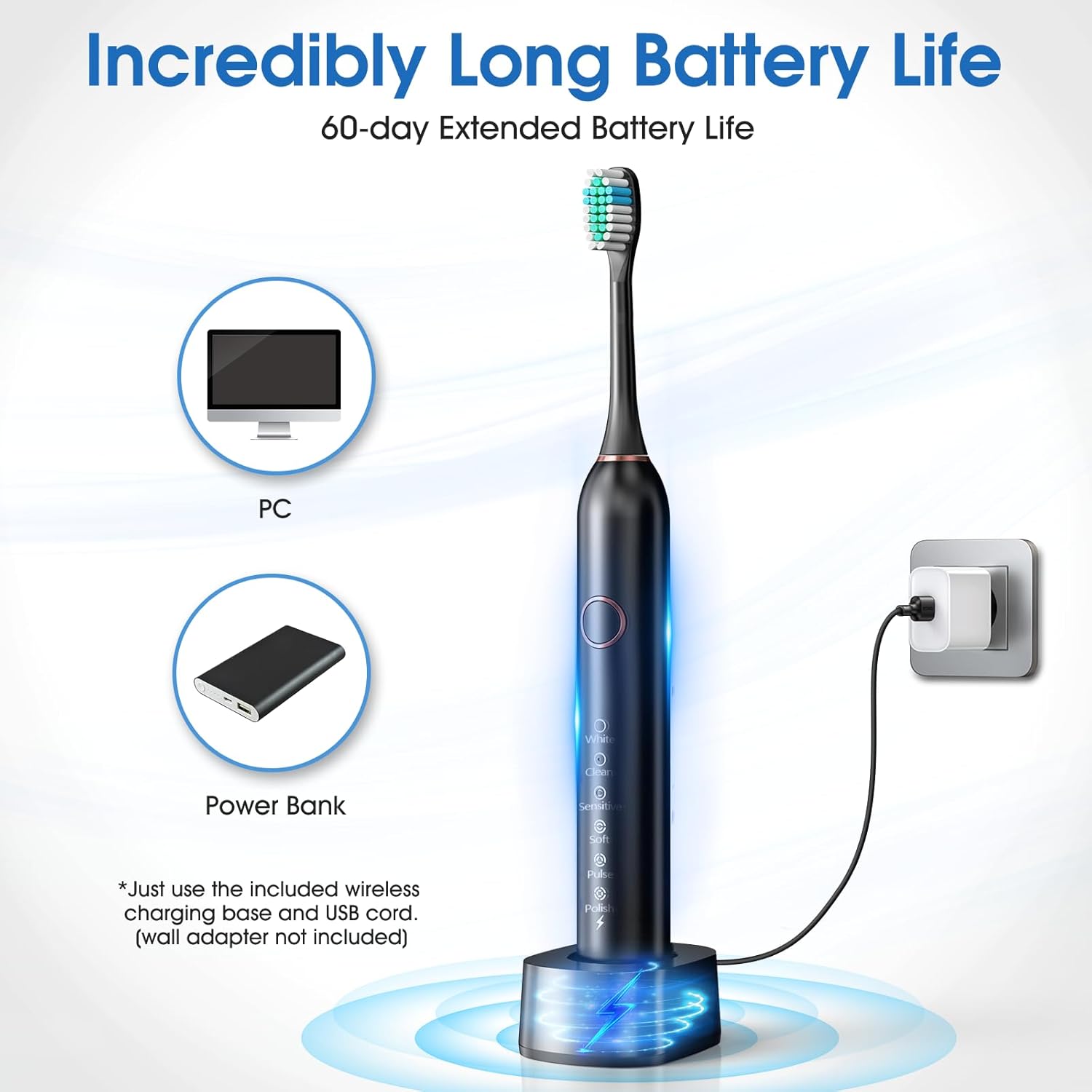 Electric Toothbrush, Sonic Type for Adults & Teens, 8 Brush Heads, Travel Case, 6 Modes, 40000 VPM Electric Motor, IPX7 Waterproof, 2 Minutes Timer, Wireless Charging, One Charge for 100 Days (Black)