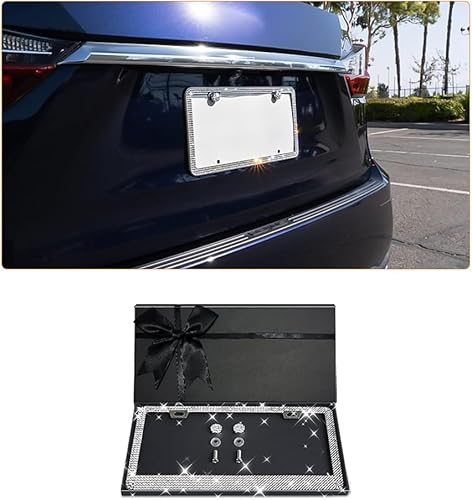 Ziciner Marco de matrícula con diamantes de imitación brillantes, soporte para placa de matrícula con cristales deslumbrantes, acero inoxidable