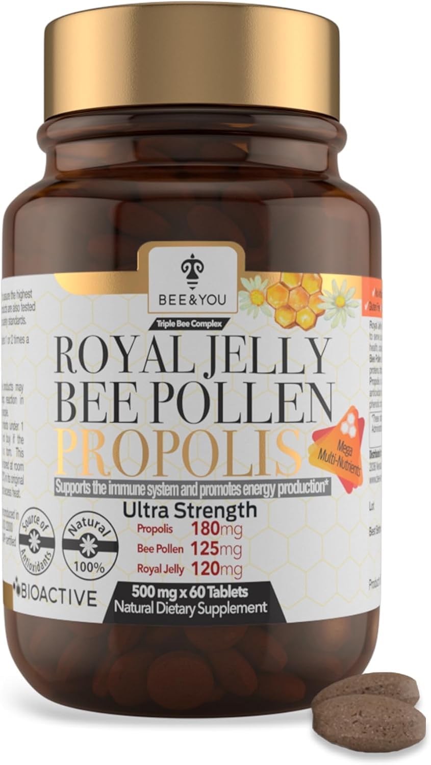 Royal Jelly, Bee Pollen, Propolis Ultra Strength Immune and Energy Booster Extract 500 mg x 60 Tablets-Rich in Functional Antioxidants, Vitamins and Minerals to Support Your Immune System