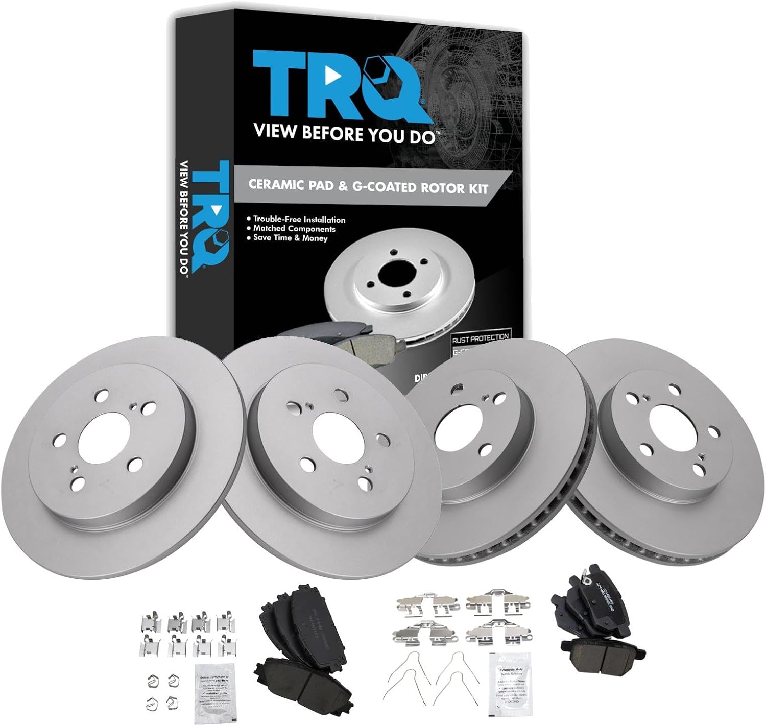 TRQ Front and Rear Ceramic Brake Pad and Rotor Set Coated Compatible with 2011-2013 Lexus CT200h 259 mm Rear Rotors 2010-2015 Toyota Prius 2012-2015 Prius Plug-In