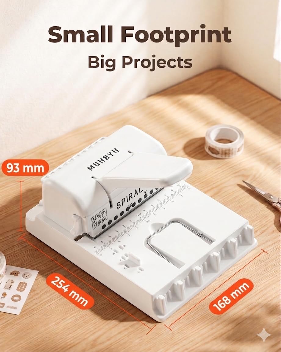 MUNBYN Relieuse Multifonction, Têtes De Perforation Interchangeables, Capacité De Perforation Papier A4 70g, Pour Carnets DIY Scrapbooks A4/A5/B5 - Blanc