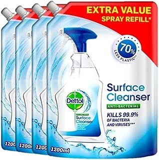 Dettol Antibacterial Surface Cleaner Refill, 4-Pack (1.2L Each), Total 4.8L, Disinfectant Spray & Floor Solution, Household Multipurpose Cleaning, Germ Protection, Eco-Friendly Pouch