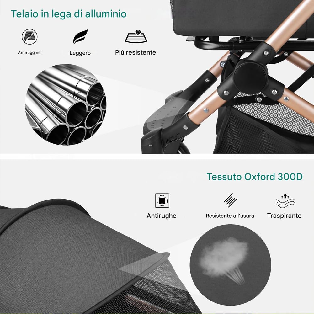 BAKAJI Cochecito para perros y gatos 2 en 1 con capazo extraíble y cierre ahorra espacio, cochecito para mascotas con cápsula transportín extraíble y techo abatible, peso máx. 50 kg (negro)