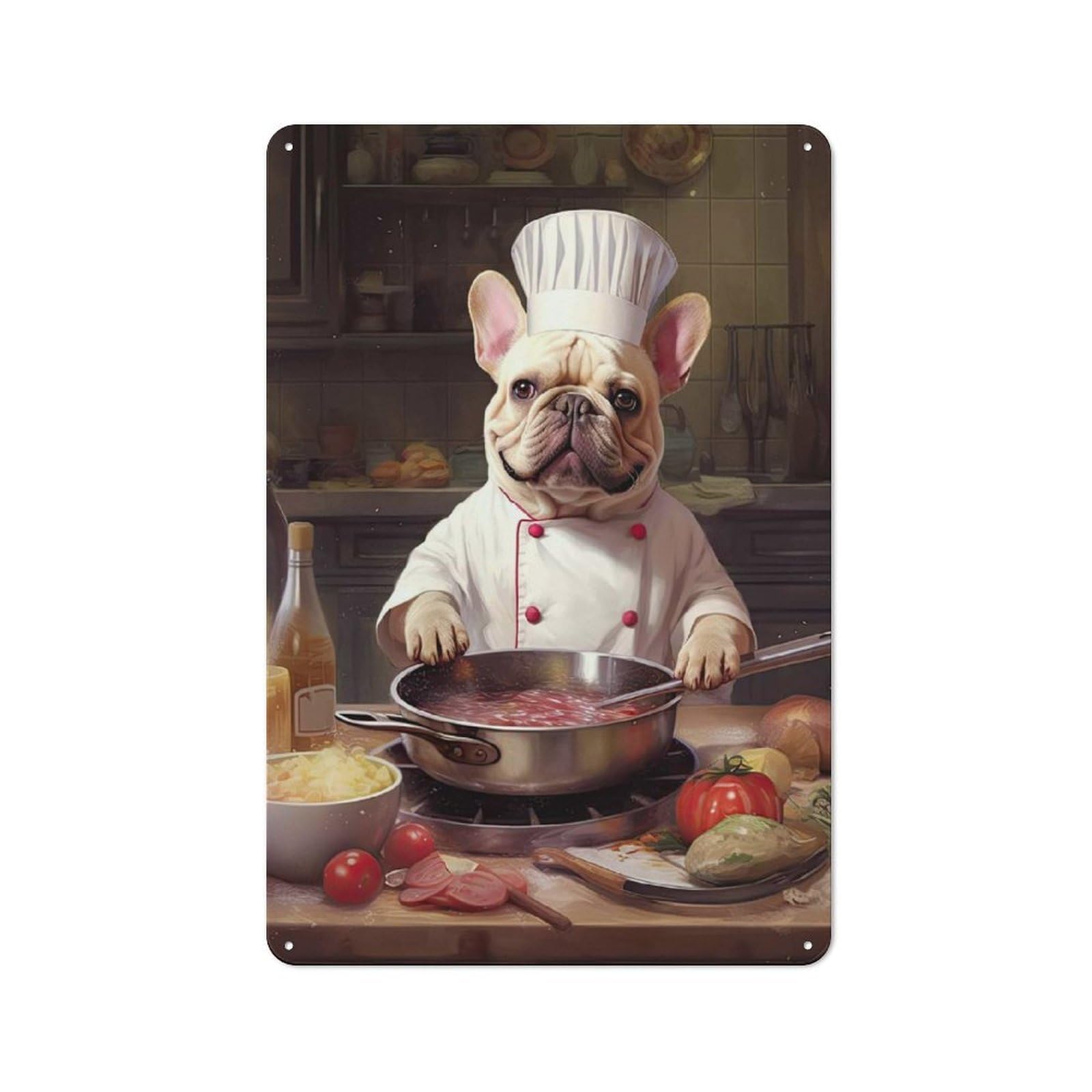 Cream French Bulldog Chef Metal Wall Sign 30x20cm, Rustic Decor for Garage Wall, for People Furnishing A Garage
