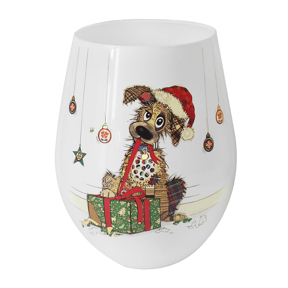Lesser & Pavey Christmas Stemless Wine Glasses | Mutt Design for Red and White Wine | Perfect for Xmas Celebrations | Festive Bug Art Glassware for Holidays