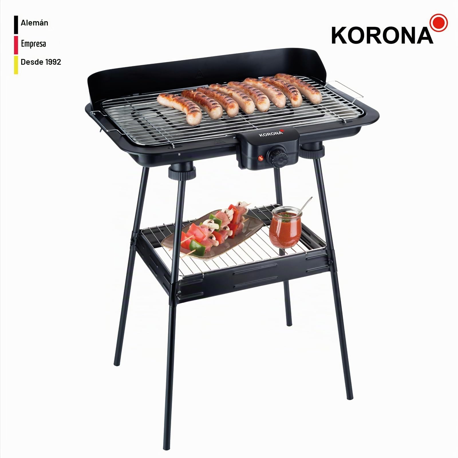 Korona 46221 Parrilla eléctrica de pie con parrilla XXL (51 x 30 cm) / 2200 W/cortavientos/luz indicadora/interruptor de seguridad/ajuste de temperatura continuo
