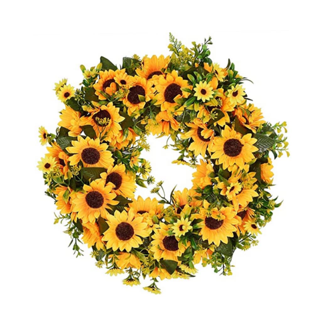 Generico Ghirlanda Estiva con Girasoli Gialli e Foglie Verdi, Ghirlanda di Fiori Artificiali per Porta d'ingresso, 40 cm, Accessorio per Interni ed Esterni.