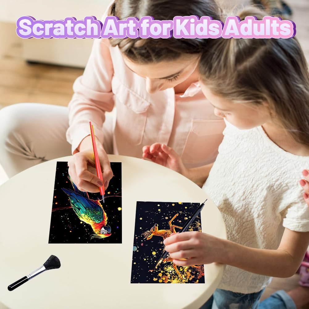 SwirlColor Scratch Art for Kids Adults 8Pcs, Glowing Animal Scratch Art Paper Colour Engraving Scraping Painting with 5pcs Tools - Image 2