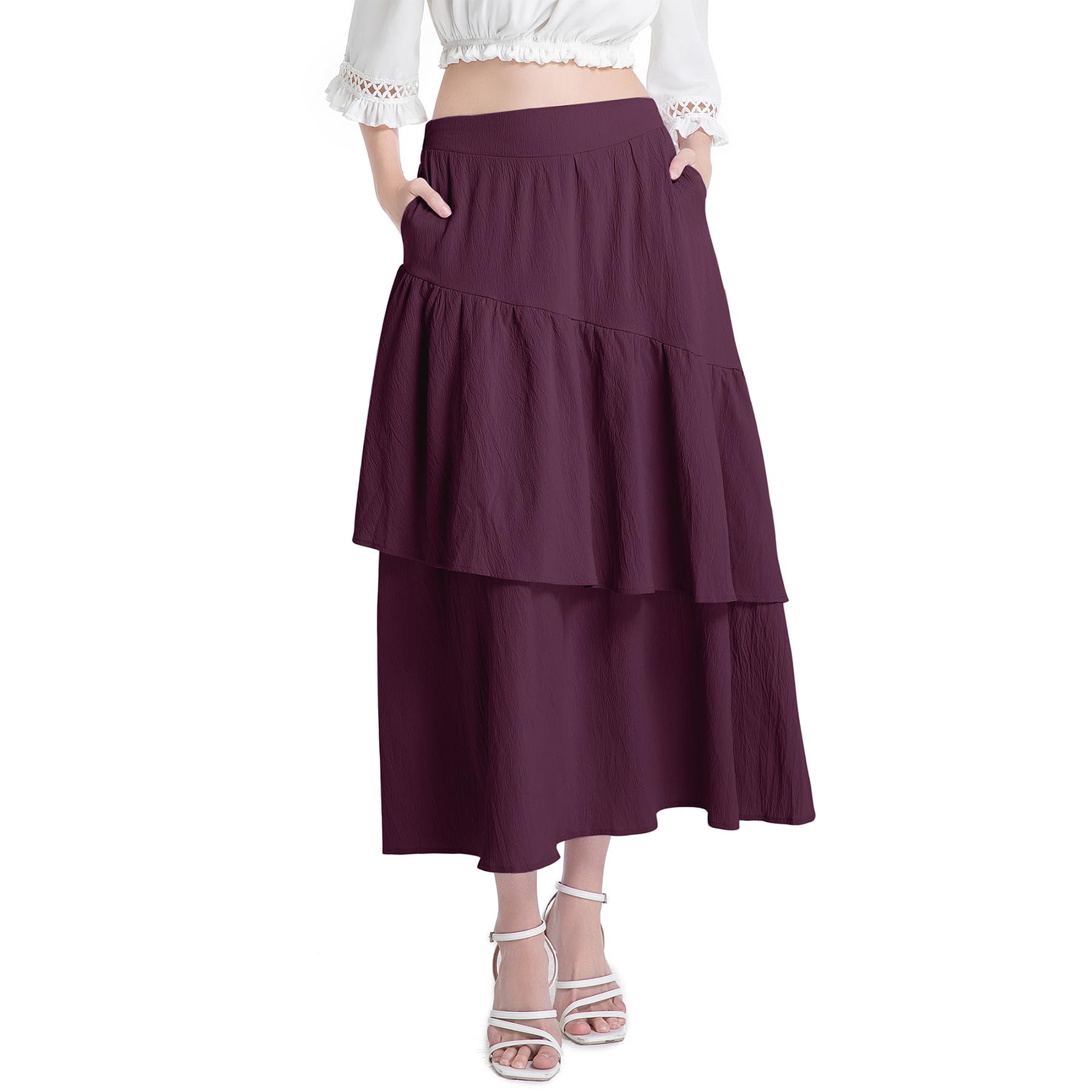 Zando Womens Summer 2025 High Waist Maxi Skirt with Pockets Pleated Boho Tiered Flowy Long Midi Skirt for
