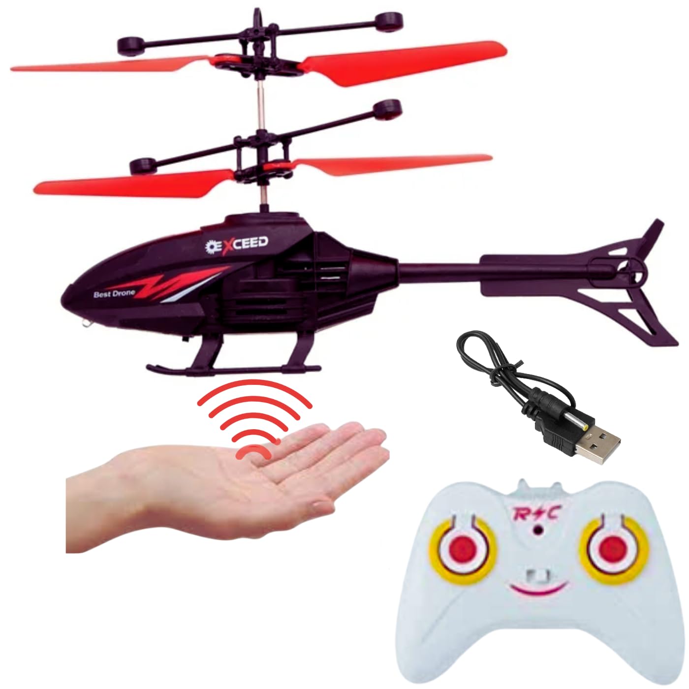 KIDZYMON® RC Helicopter With Hand Gravity Sensor, Flying Remote Control Toy, Charging With 3D Light & Safety Sensor for Kids Age 4+ Years, Pack of 1 (Black Red)