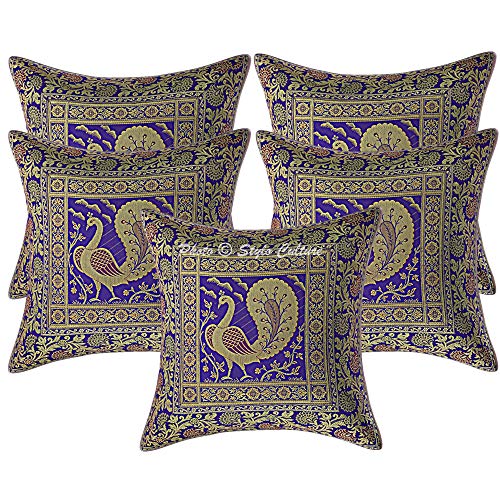 Image of Decorative Brocade Cushion Covers 16x16 Inch Banarasi Jacquard Weave Purple & Gold Living Room Decor Peacock Traditional Square 40x40 cm Zippered Sofa Settee Pillowcases -Set of 5 Pcs