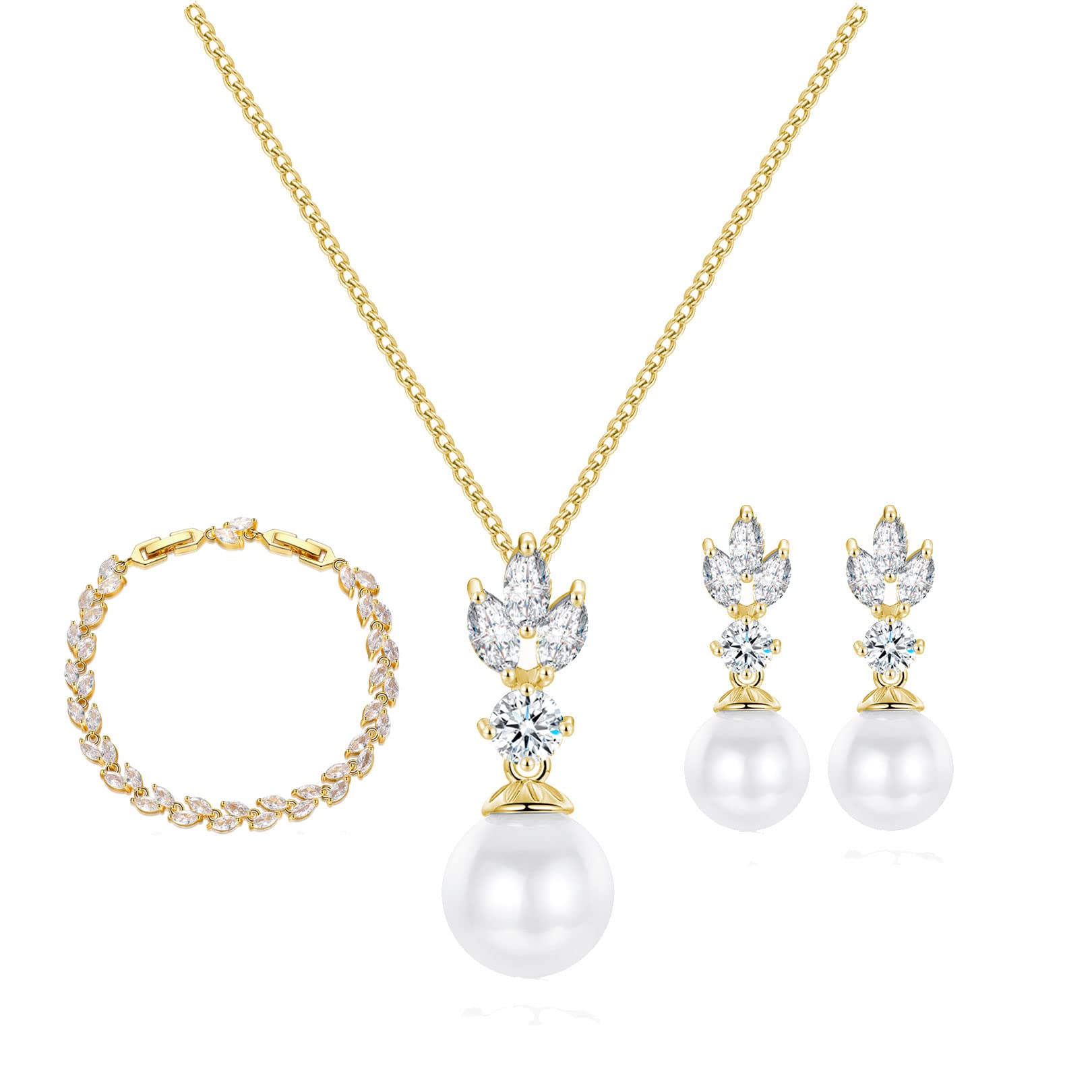 Juego de joyas de oro para mujer, joyas de boda con perlas, pendientes, collar y pulsera, joyas de novia con circonitas 5A brillantes, regalo para novia y dama de honor, Oro amarillo