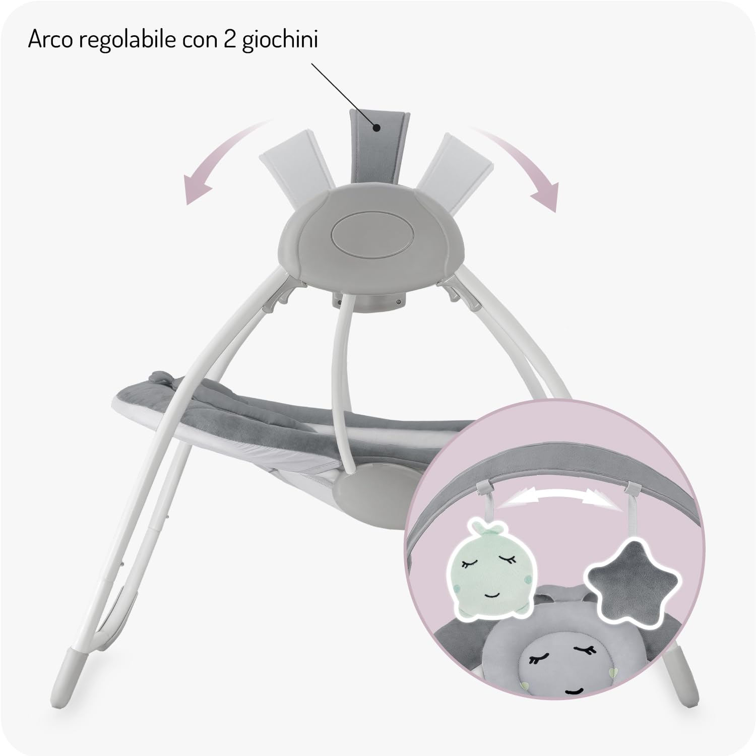 Sdraietta a dondolo MoMi LISS per neonati fino a 9 kg, pieghevole, a batteria o rete con USB, cinture 5 punti, barra con giocattoli, 6 melodie, timer, 5 velocità di oscillazione