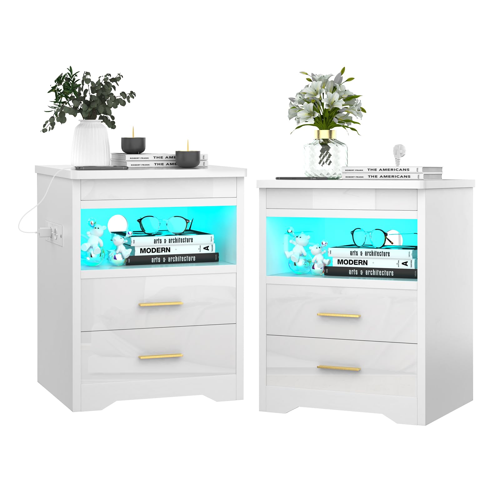 Mesitas de Noche Blancas Pack 2 Mesillas de Noche Dormitorio LED con Estación de Carga, Mesa de Noche con 3 Cajones, Cerradura de Seguridad, Armarios Deslizantes Ocultos, 39x44x58cm Mesita de Noche