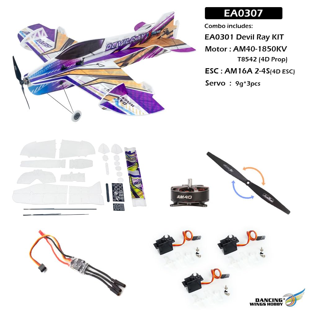 F3P - Kit de avión RC para interiores - Devil Ray - Avión RC de espuma de envergadura de 800 mm, avión 3D ultraligero modelo acrobático para adultos aficionados (kit Devil Ray + motor + ESC
