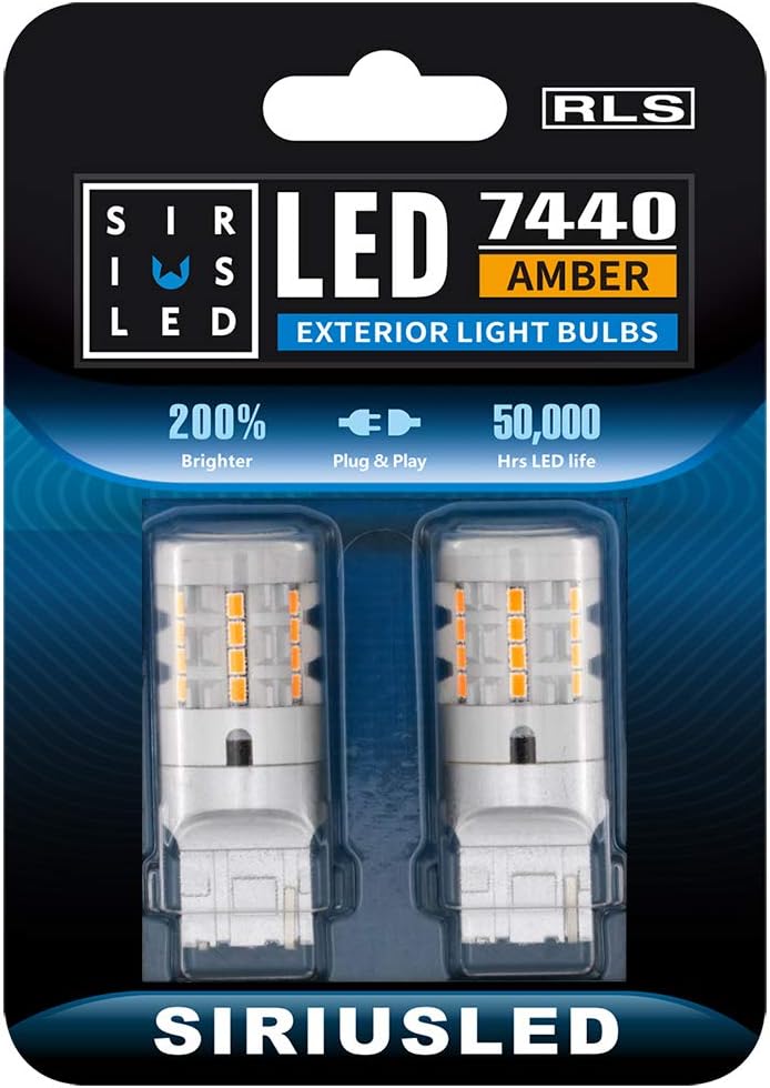 SiriusLEDSIR IUS LED RLS 7440 7440A Built in Resistor Anti Hyper flashing LED Bulb Turn Signal Light Amber Orange Color Full Aluminum Body Single Filament Error Free Pack of 2