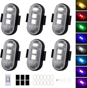 6 Pcs LED Car Strobe Lights with Remote Control, Wireless LED Strobe Lights, 8 Colors Mini led lights, USB Charging Waterproof Flashing Warning Lights for Car Drone Motorcycle Bike Truck