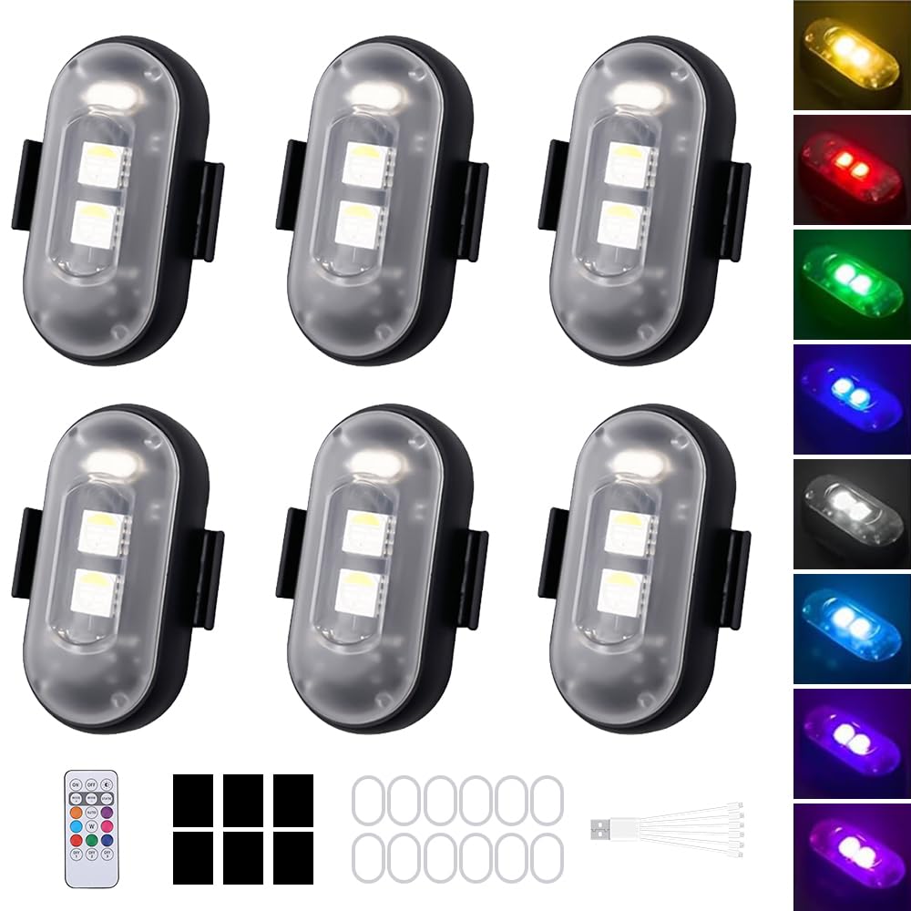 6 Piezas Luz Estroboscopica Drone, 8 Colores LED Estroboscópicas con Control Remoto, USB Estroboscópica de Señal Anticolisión Luz de Advertencia Nocturna para Dron, Camión, Bicicleta