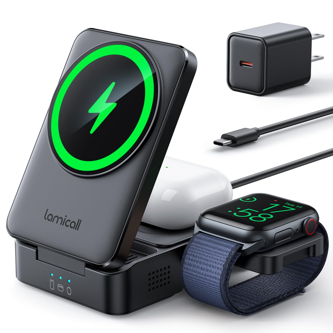 Lamicall 3 in 1 Charging Station for Apple - Foldable Wireless Charger Stand for MagSafe Portable, Travel Wireless Charger Station for Multiple Devices for iPhone 16, 15, 14, 13, Apple Watch, AirPods