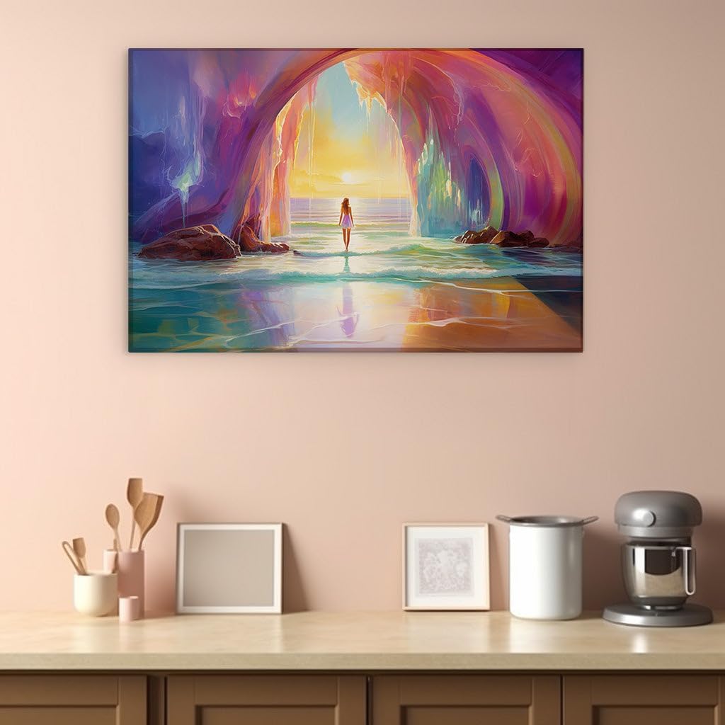 Canvas for Living room. Ocean's Embrace: A Serene Vision in White Against the Vivid Sunset Palette, 27 x 18 inch Canvas Wall Art - Top Worldwide Beaches - Modern Home Decor - 69x46 cm (27x18 inch)