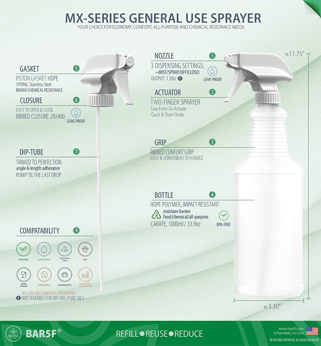 Bar5F Plastic Leakproof Spray Bottle with Adjustable Nozzle, 32 Ounces, Pack of 2