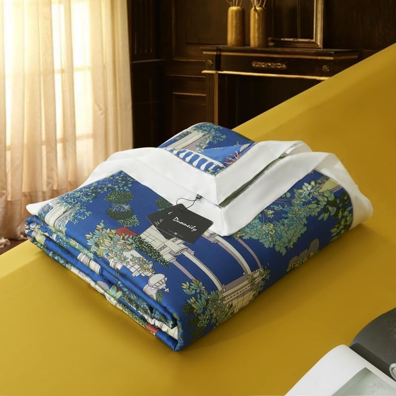 Lyocell Tencel Thin Quilt Summer Air Condition Blanket Silky Soft Bedding Car Sofa Bedroom European Classical Architecture Castle Landscape Lightweight Comforter (Blue, King)