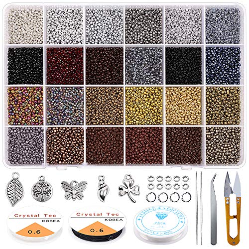 Yholin Glass Seed Beads Started Kit,19200pcs 2mm 12/0 Small Craft Beads with Jump Rings,Charms,Spacer Beads,Beading Needle,Tweezers,Scissors and Elastic String for DIY Bracelet Jewelry Making Supplies