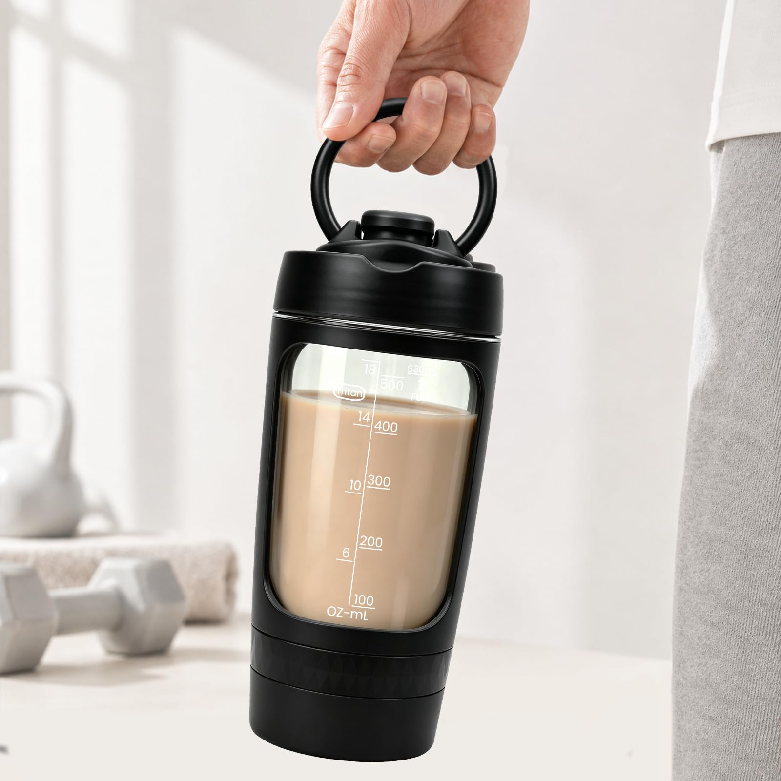 Shaker elettrico da 630 ml, shaker per proteine con scomparto per la polvere, shaker elettrico per proteine con base motore rimovibile, ricaricabile tramite USB-C, a prova di perdite e senza BPA, per